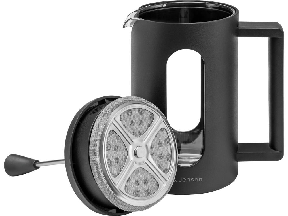Zaparzacz GÖTZE & JENSEN TA280 French Press do kawy herbaty i ziół z systemem tłokowym Zdemontowany zaparzacz Götze & Jensen: czarna obudowa z okienkiem oraz pokrywka z filtrem tłokowym.