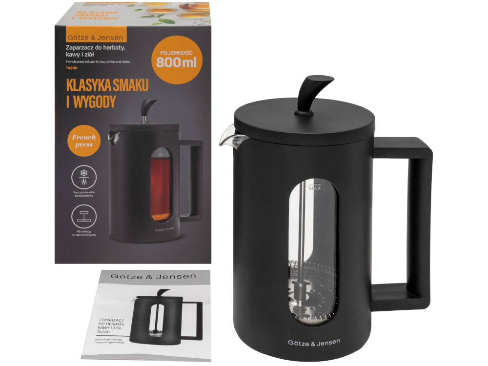Zaparzacz GÖTZE & JENSEN TA280 French Press Zaparzacz Götze & Jensen TA280 obok oryginalnego opakowania i instrukcji obsługi.