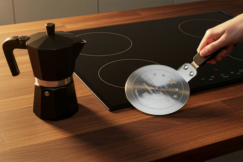 Adapter do płyt indukcyjnych GÖTZE&JENSEN CA100 Stalowa płytka adaptera indukcyjnego Götze & Jensen CA100 kładziona na polu grzejnym płyty indukcyjnej obok czarnej kawiarki.