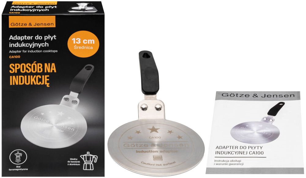 Adapter do płyt indukcyjnych GÖTZE&JENSEN CA100 Zestaw adaptera indukcyjnego Götze & Jensen CA100 o średnicy 13 cm: opakowanie, produkt oraz instrukcja obsługi na białym tle.