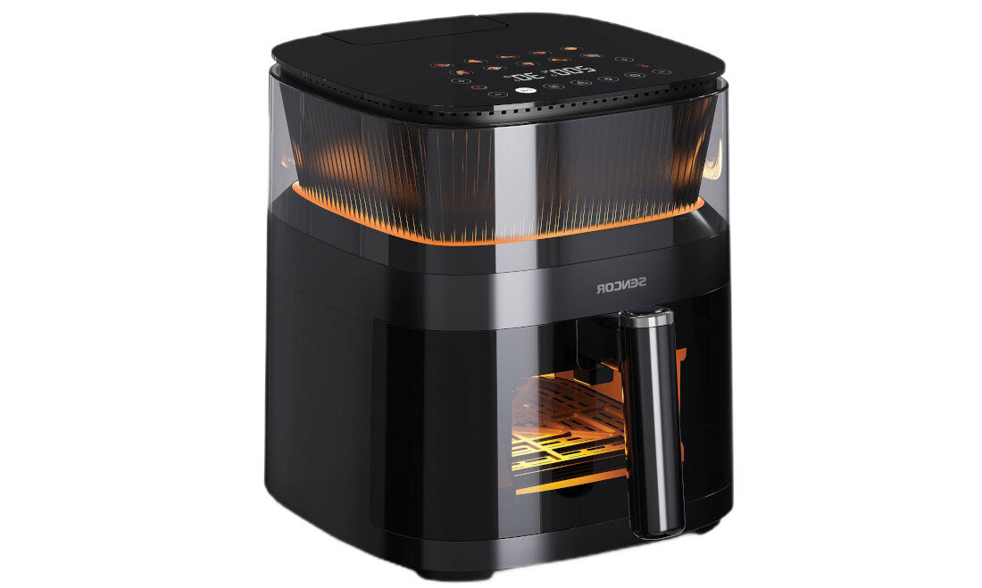 Air Fryer Frytkownica beztłuszczowa SENCOR SFR 5050BK komfortowa obsługa pojemna komora pojemność  okienko z oświetleniem LED dotykowy, kolorowy wyświetlacz wyjmowana kratka z powłoką zapobiegającą przywieraniu  zbiornik na wodę pojemność Termoizolowany uchwyt dekoracyjne podświetlenie 60-minutowy timer z automatycznym wyłączeniem