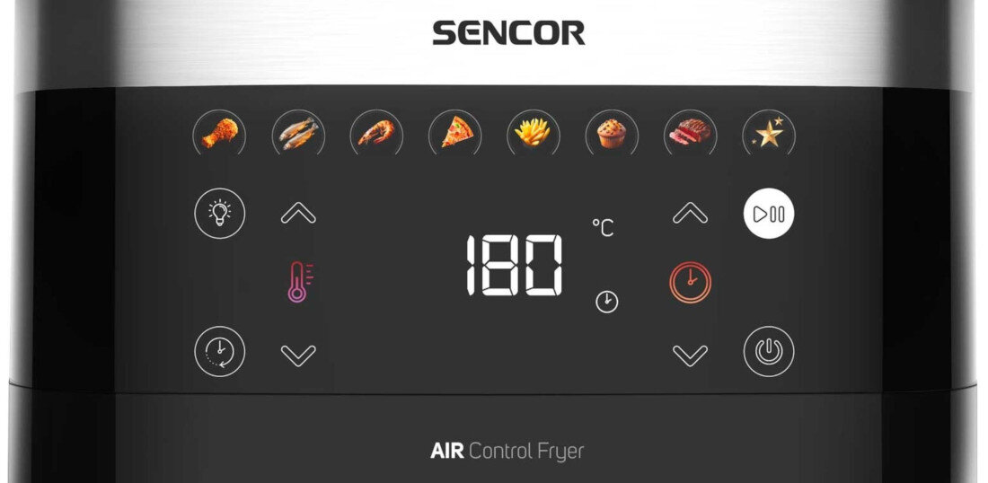 Air Fryer Frytkownica beztłuszczowa SENCOR Vita Fryer SFR 9000SS z 7 gotowymi programami Intuicyjna obsługa Kolorowy wyświetlacz LED Przejrzyste menu i czytelne ikony timer dostosowanie dania potrawy 7 gotowych programów możliwość ręcznej regulacji