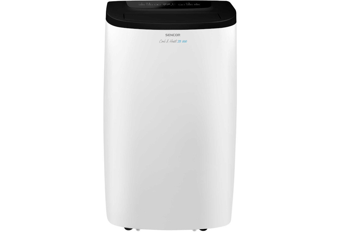 Biały klimatyzator z czarnym panelem na górze, na którym widnieje logo \'SENCOR\' oraz napis \'Cool & Heat 18 000\'.