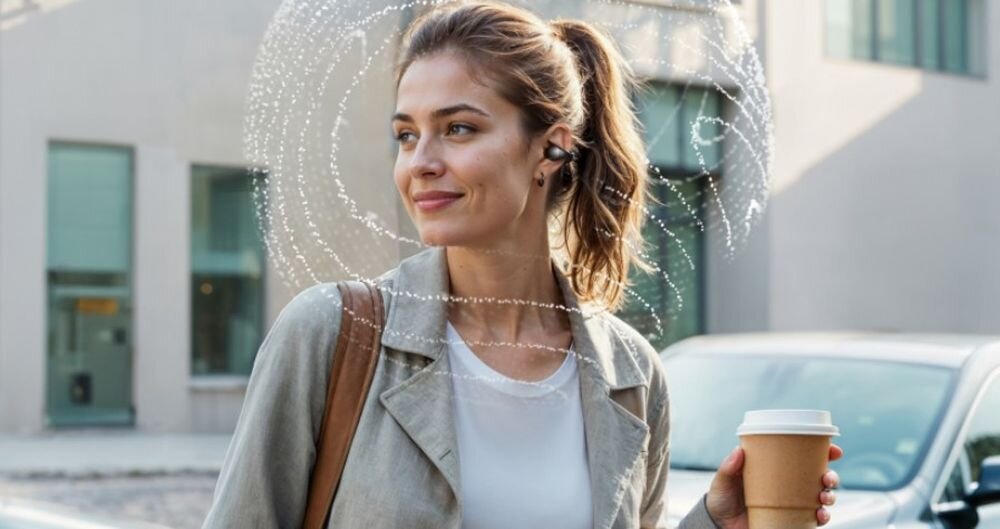 Słuchawki powietrzne SOUNDCORE C40I dźwięk 3D przestrzenny angażujący, osoba z założonymi słuchawkami