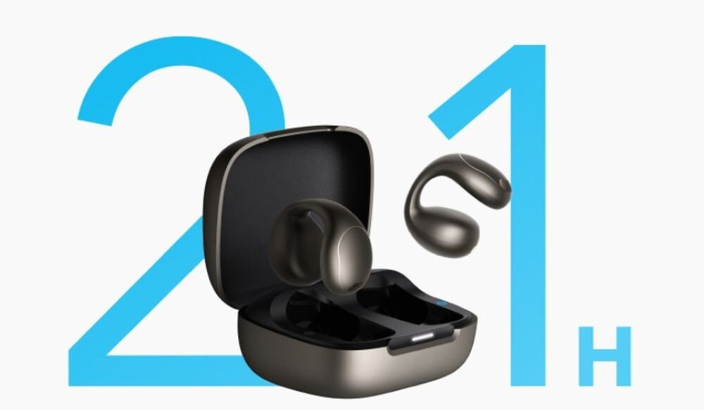 Słuchawki powietrzne SOUNDCORE C40I aplikacja personalizacja EQ głośność, słuchawki wraz z etui ładującym na jasnym tle