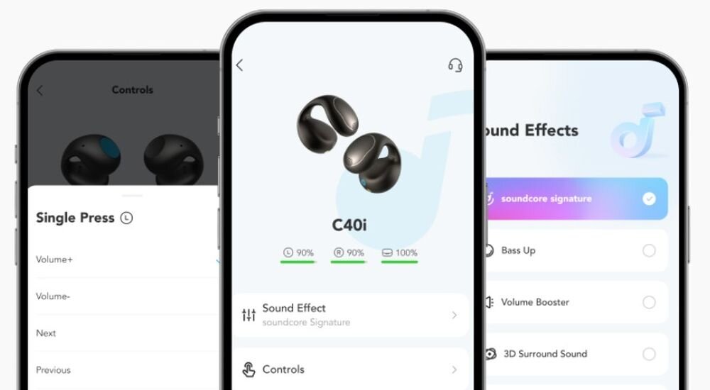 Słuchawki powietrzne SOUNDCORE C40I wszechstronne zastosowanie komfort koncentracja, trzy smartfony na jasnym tle