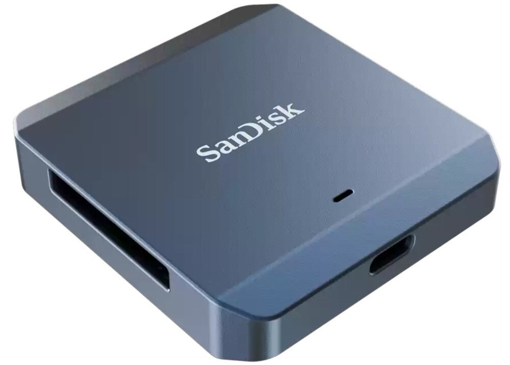 Czytnik kart SANDISK PRO-CINEMA CFexpress Typ B prezentacja czytnika od boku na białym tle szybkie złącze USB-C z prędkością do 20 Gb/s natychmiastowy transfer
