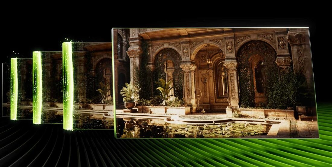 Laptop MSI Vector 16 HX AI - Zielone tło z wizualizacją budynku, ukazujące jego szczegóły architektoniczne. NVIDIA DLSS 4 Multi Frame Generation NVIDIA AI