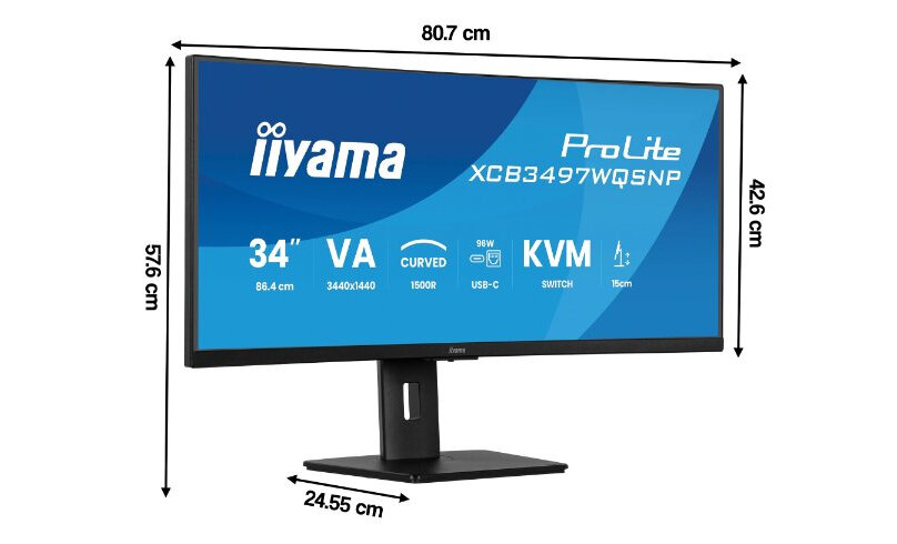 Monitor IIYAMA ProLite XCB3497WQSNP-B1 na białym tle - widoczne są wymiary monitora.