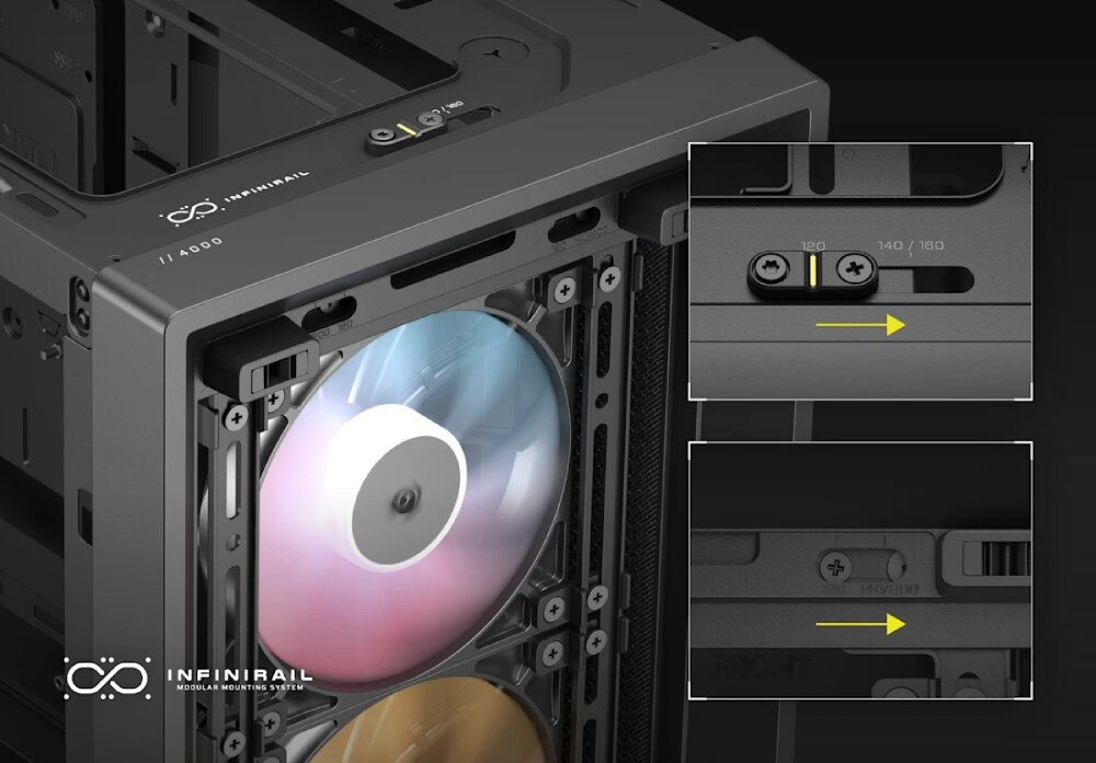Obraz przedstawia czarną obudowę komputerową z widocznym wentylatorem RGB. Na obudowie znajdują się napisy \'INFINIRAIL\' i \'//4000\'.