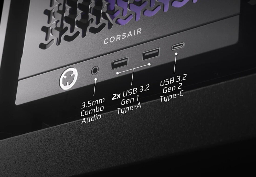 Na obrazie widoczny jest panel przedni obudowy z logo \'CORSAIR\' oraz portami: 3.5mm Combo Audio, 2x USB 3.2 Gen 1 Type-A i USB 3.2 Gen 2 Type-C. Obok portów znajdują się opisy ich funkcji.