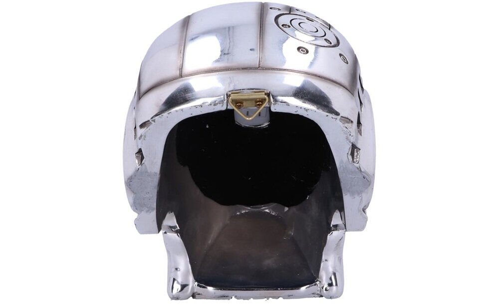 Metaliczna figurka przedstawiająca głowę robota z widocznymi detalami mechanicznymi i otworem z przodu.