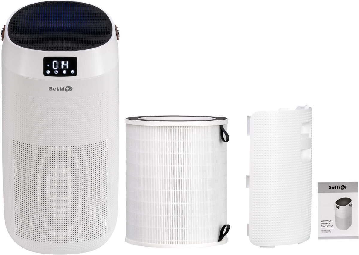 Oczyszczacz powietrza SETTI+ AP650W Wi‑Fi Biały oczyszczacz powietrza Setti+ w pełnej krasie, leżący obok zestawu wymiennych elementów: cylindrycznego filtra (HEPA z węglem aktywnym), panelu bocznego oraz instrukcji obsługi