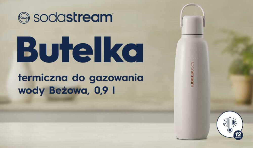 BUTELKA TERMICZNA SODASTREAM DO GAZOWANIA WODY PIASKOWA 0.9L Orzeźwienie w każdej sytuacji jasne tło butelka w kolorze beżowym nakrętka uchwyt