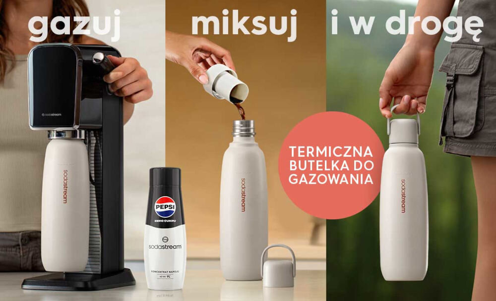BUTELKA TERMICZNA SODASTREAM DO GAZOWANIA WODY PIASKOWA 0.9L osoba pociąga za dźwignię wlewanie syropu do butelki osoba trzyma butelkę za uchwyt krok 1 napełnienie butelki wodą umieszczenie w saturatorze krok 2 nagazowanie dopasowanie poziomu bąbelków krok 3 dodanie syropu uzupełnienie ulubionymi dodatkami kompatybilna z saturatorem Terra Art Duo Enso do pracy na siłownię w trakcie podróżny pasuje do uchwytu samochodowego sprawdzi się w aucie