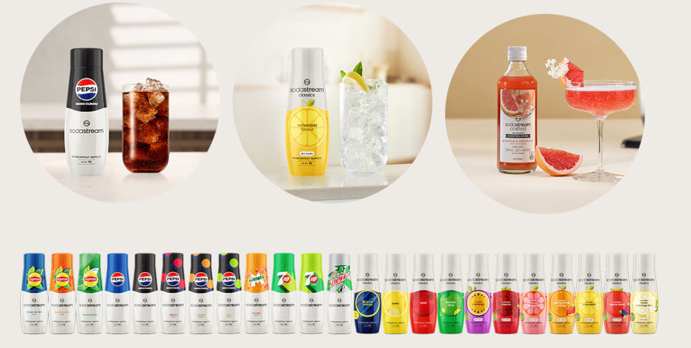 BUTELKA TERMICZNA SODASTREAM DO GAZOWANIA WODY PIASKOWA 0.9L kolorowe butelki z syropami syropy napoje w szklance z lodem napój w kieliszku miksowanie eksperymentowanie orzeźwienie klasyczne smaki cola mirinda lemoniada koncentrat SODASTREAM Owocowe połączenia Pomarańcz Mango Marakuja Owoce Leśne bez dodatku cukru koktajle i moktajle wyrafinowane kompozycje