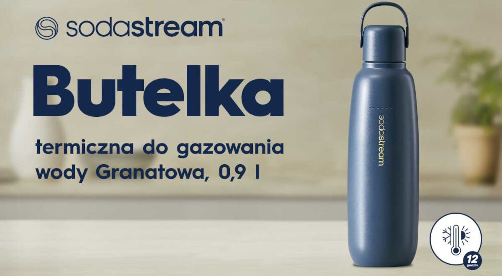 BUTELKA TERMICZNA SODASTREAM DO GAZOWANIA WODY STORM BLUE 0.9L orzeźwienie w każdej sytuacji granatowa butelka uchwyt jasne tło napisy Orzeźwienie w każdej sytuacji