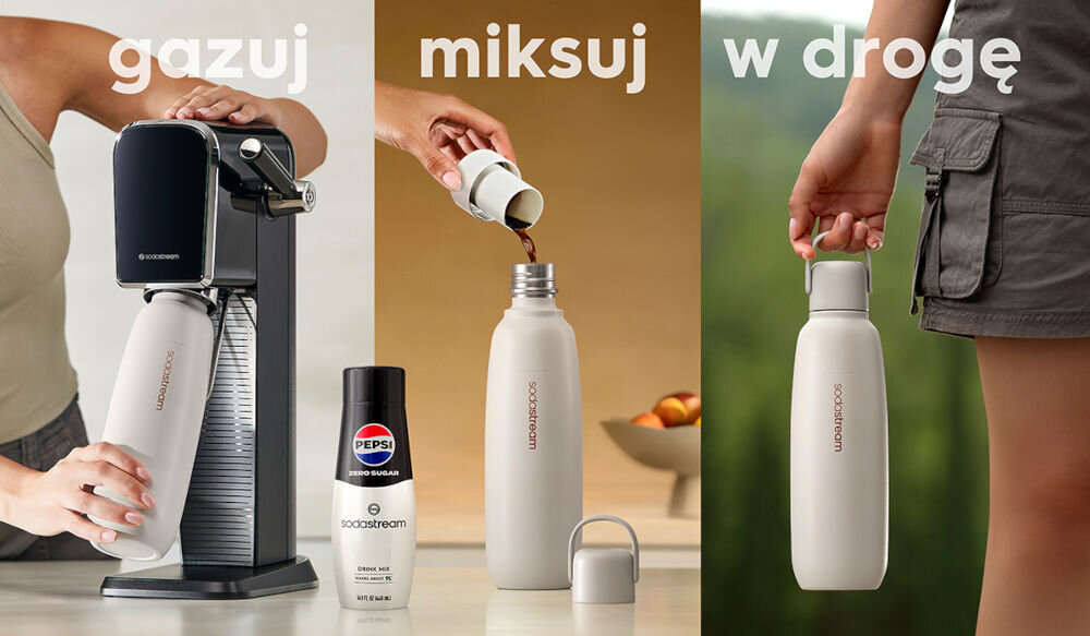 BUTELKA TERMICZNA SODASTREAM DO GAZOWANIA WODY STORM BLUE 0.9L beżowa butelka w saturatorze osoba trzyma dźwignię wlewanie syropu do butelki osoba trzyma butelkę za uchwyt krok 1 napełnienie butelki woda wsadzenie do saturatora krok 2 nasycenie wody bąbelkami krok 3 dodanie syropu stworzenie własnej kompozycji butelka do saturatora i kubek termiczny na pieszych i rowerowych wycieczkach w długich podróżach ergonomiczny kształt do uchwytu samochodowego gazowane bez gazu zimne ciepłe napoje do Art Terra Duo Enso