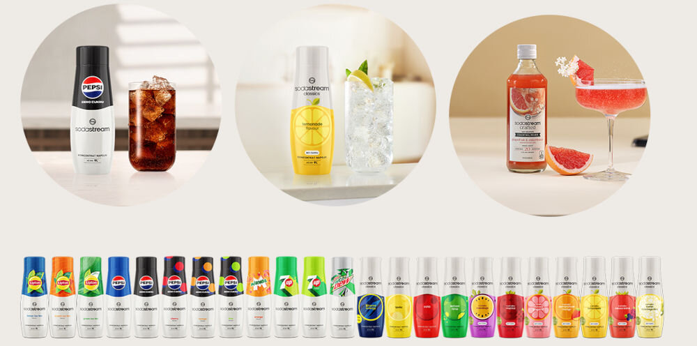 BUTELKA TERMICZNA SODASTREAM DO GAZOWANIA WODY STORM BLUE 0.9L rząd kolorowych butelek z syropami syrop pepsi szklanka z ciemnym napojem biało żółta butelka przezroczysty napój z kostkami lodu butelka czerwony syrop kieliszek z czerwonym napojem syrop napój dopasowany do każdej chwili domowe napoje gazowane ulubiony syrop smak bez ograniczeń owocowe opcje bez dodatku cukru Pomarańcza Mango Marakuja Pepsi Cola Mirinda koktajle moktajle SODASTREAM Crafted kreatywne napoje lekkie owocowe miksy eleganckie kompozycje na wieczór