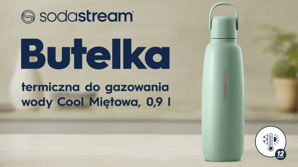 BUTELKA TERMICZNA SODASTREAM DO GAZOWANIA WODY MIĘTA 0.9L orzeźwienie w każdej sytuacji miętowa butelka uchwyt jasne tło napisy Orzeźwienie w każdej sytuacji