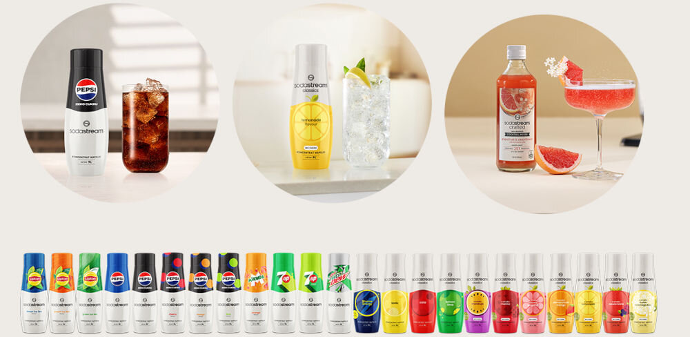 BUTELKA TERMICZNA SODASTREAM DO GAZOWANIA WODY MIĘTA 0.9L rząd kolorowych butelek z syropami syrop pepsi szklanka z ciemnym napojem biało żółta butelka przezroczysty napój z kostkami lodu butelka czerwony syrop kieliszek z czerwonym napojem kreatywność napoje odpowiednie na każdą okazję Orzeźwienie na co dzień owocowe syropy bez dodatku cukru Pepsi Cola Mirinda Lemoniada w kilka chwil Pomarańcza Mango Marakuja Owoce Leśne Odpowiednie na spotkania bazy SODASTREAM Crafted moktajle koktajle