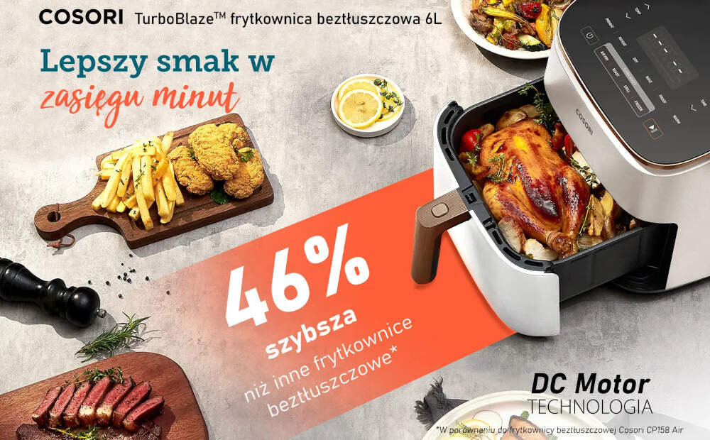Air Fryer Frytkownica beztłuszczowa COSORI CAF-DC602-WEUR TurboBlaze Chef Edition Biały, 6l, programator czasowy wygląd design tło prezentacja wizualizacja Frytkownica, która zmienia gotowanie