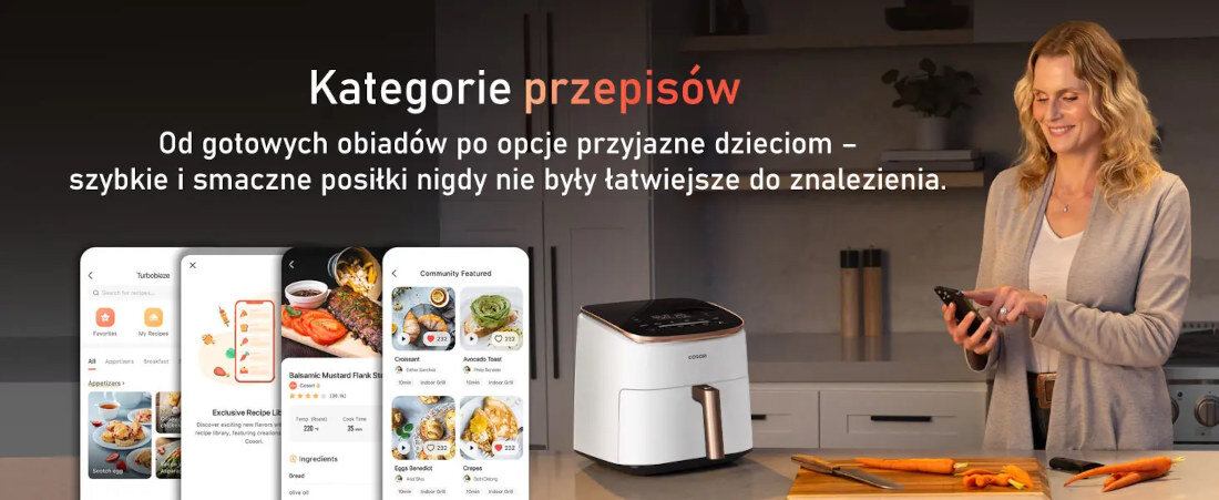 Air Fryer Frytkownica beztłuszczowa COSORI CAF-DC602-WEUR TurboBlaze Chef Edition Biały, 6l, programator czasowy dopasowanie temperatury Wygoda i prosta obsługa zakres temperatura precyzyjne dostosowanie potrawy Intuicyjny panel dotykowy dostęp do przepisów w języku polskim
