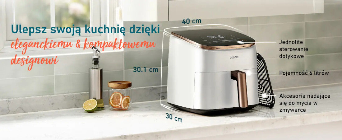 Air Fryer Frytkownica beztłuszczowa COSORI CAF-DC602-WEUR TurboBlaze Chef Edition Biały, 6l, programator czasowy Posiłki dla całej rodziny kosz pojemność porcje dania czas Nieprzywierająca powłoka kosza MYCIE ZMYWARKA MOŻLIWOŚCI