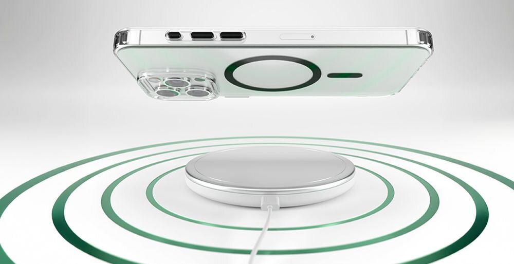 Na obrazie widoczny jest telefon w przezroczysto-czarnym etui unoszący się nad okrągłą ładowarką bezprzewodową. W tle widoczne są koncentryczne okręgi sugerujące działanie ładowania.