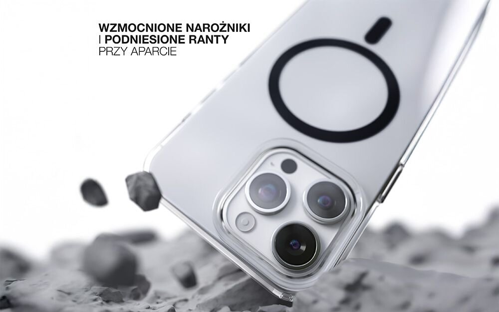 Przezroczysto-czarny etui na telefon z widocznymi wzmocnionymi narożnikami i podniesionymi rantami przy aparacie. Na obrazie widoczny jest tekst: \'WZMOCNIONE NAROŻNIKI I PODNIESIONE RANTY PRZY APARACIE\'.