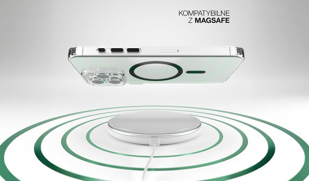 Obraz przedstawia przezroczysto-czarne etui na telefon, unoszące się nad okrągłą ładowarką bezprzewodową. Na obrazie widoczny jest tekst: \'KOMPATYBILNE Z MAGSAFE\'.