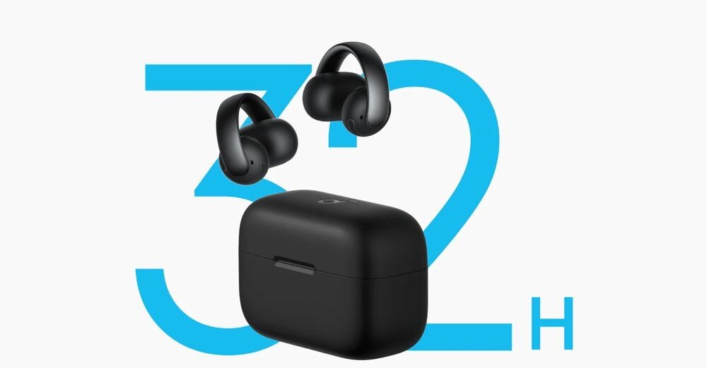 SOUNDCORE AeroClip Open-Ear Clip 32 godziny pracy etui bateria czas działania słuchawki, słuchawki z etui ładującym na jasnym tle, logo 32 h