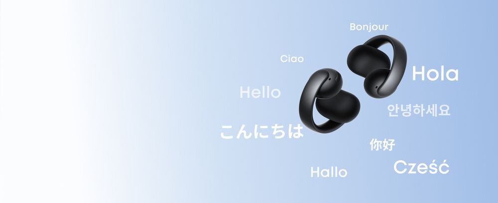 SOUNDCORE AeroClip Open-Ear Clip tłumacz AI ponad 100 języków aplikacja Soundcore komunikacja, słuchawki na błękitnym tle