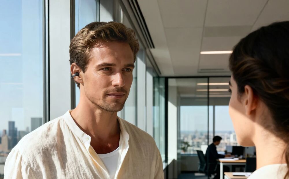 SOUNDCORE AeroClip Open-Ear Clip kontakt z otoczeniem bezpieczeństwo słyszenie otoczenia open ear, osoba z założonymi słuchawkami powietrznymi