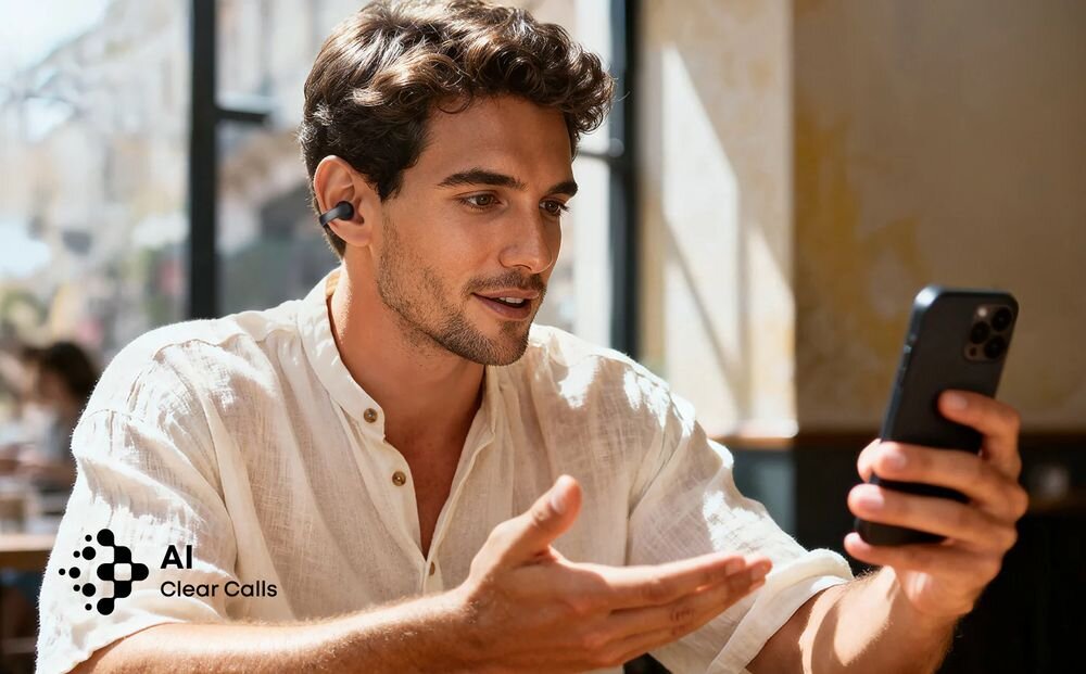 SOUNDCORE AeroClip Open-Ear Clip 4 mikrofony beamforming AI rozmowy jakość połączeń, osoba z założonymi słuchawkami powietrznymi trzymająca telefon w ręku