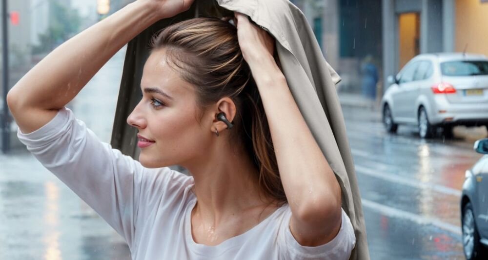 Słuchawki powietrzne SOUNDCORE C40I czas pracy szybkie ładowanie wygoda podróży, osoba z założonymi słuchawkami