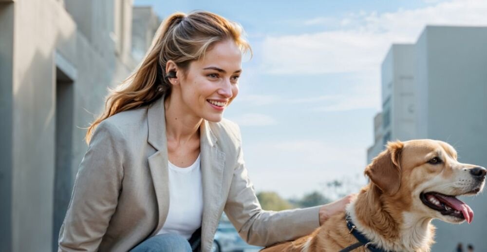 Słuchawki powietrzne SOUNDCORE C40I fizyczne przyciski sterowanie komfort, osoba z założonymi słuchawkami oraz psem