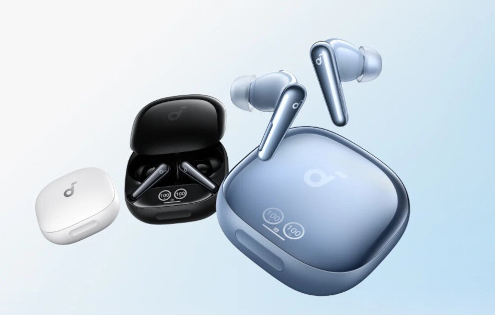 Słuchawki dokanałowe SOUNDCORE Liberty 4 Pro ANC - Dźwięk bez granic jakości, 3 pary słuchawek z etui ładującym na biało błękitnym tle