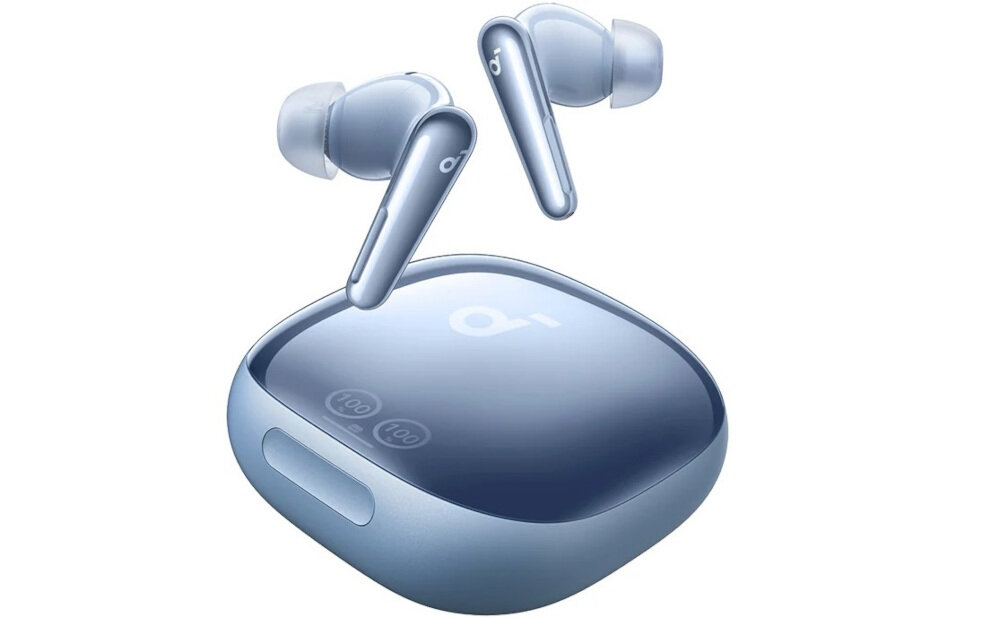 Słuchawki dokanałowe SOUNDCORE Liberty 4 Pro ANC - Wsparcie aplikacji, dedykowana aplikacja, personalizowanie ustawień, słuchawki z etui ładującym na białym tle