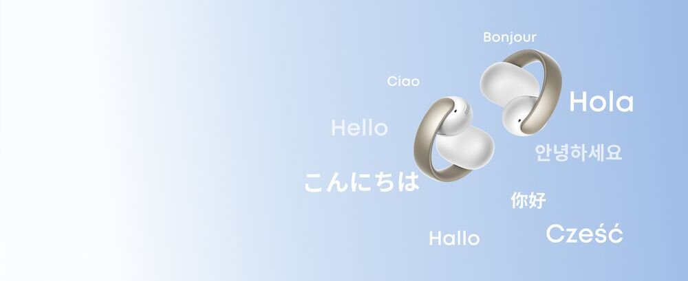 SOUNDCORE AeroClip Open-Ear Clip tłumacz AI ponad 100 języków aplikacja Soundcore komunikacja, słuchawki na błękitnym tle