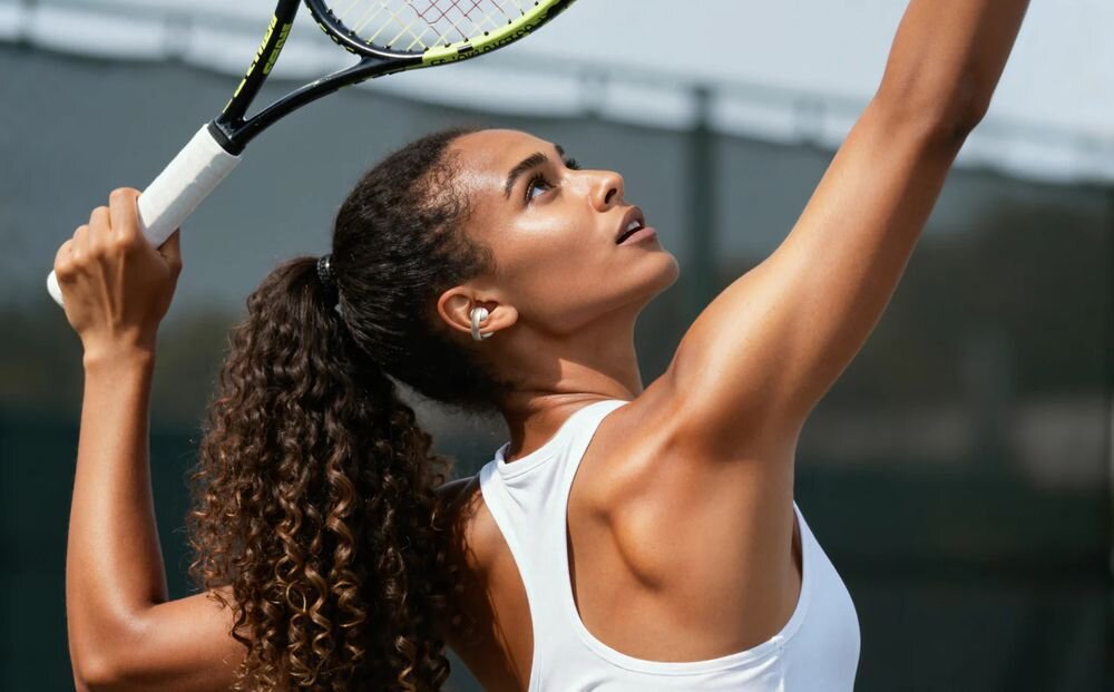 SOUNDCORE AeroClip Open-Ear Clip stabilne dopasowanie sport aktywność wygoda użytkowania, osoba z założonymi słuchawkami powietrznymi grająca w tenisa