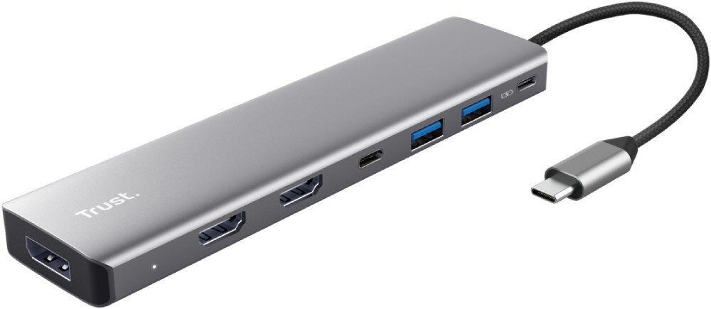 Hub TRUST Dalyx 25661 Srebrny hub na białym tle wyposażony w porty HDMI USB oraz krótki kabel USB-C