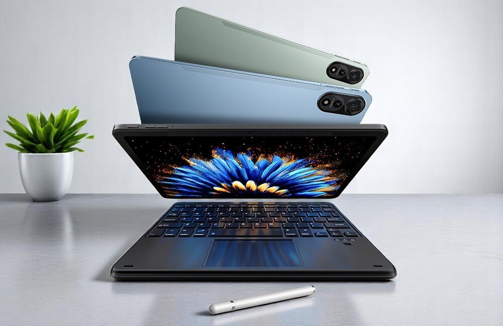 BLACKVIEW Mega 2 tablet w trzech wersjach kolorystycznych z klawiaturą i rysikiem w tle kwiatek