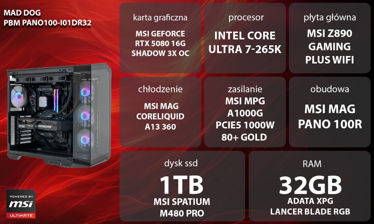 Komputer MAD DOG Powered by MSI PANO100-I01DR32 Grafika przedstawiająca specyfikację komputera, z podziałem na podzespoły. W lewej części znajduje się model komputera, a obok niego informacje o podzespołach, opis