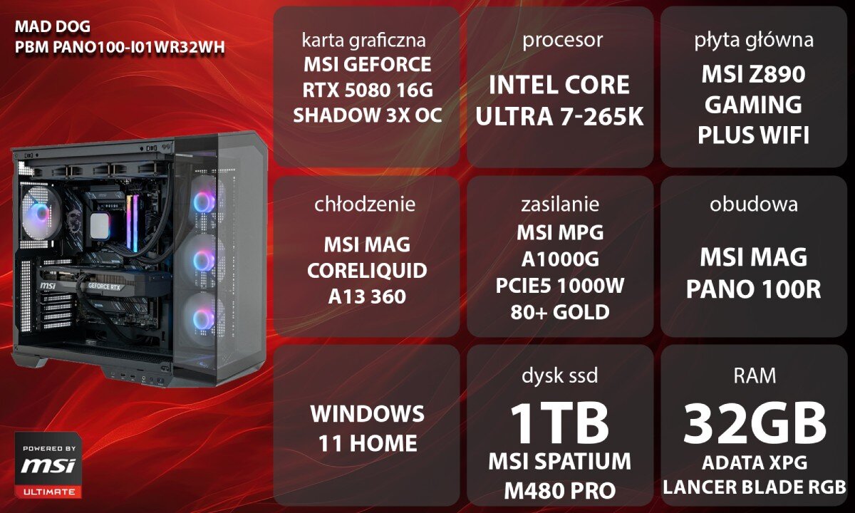 Komputer MAD DOG Powered by MSI PANO100-I01WR32WH Grafika przedstawiająca specyfikację komputera, z podziałem na podzespoły. W lewej części znajduje się model komputera, a obok niego informacje o podzespołach, opis