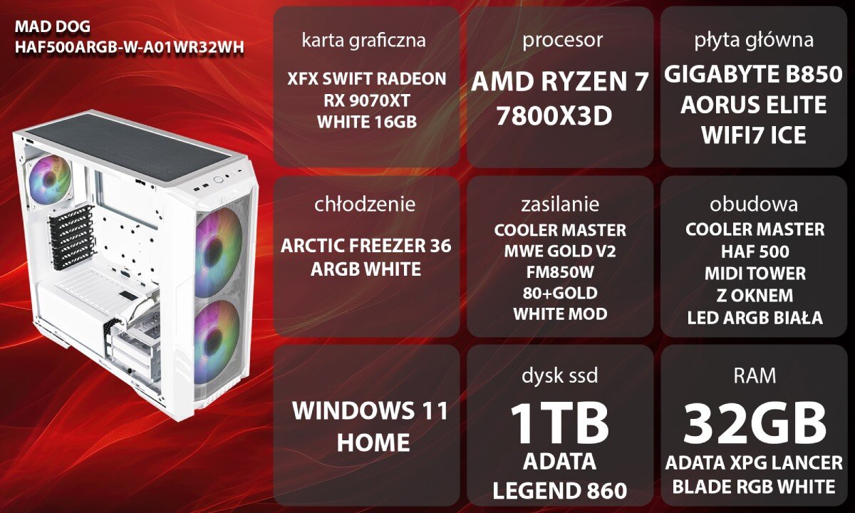 Komputer MAD DOG HAF500ARGB-W-A01WR32WH Grafika przedstawiająca specyfikację komputera, z podziałem na podzespoły. W lewej części znajduje się model komputera, a obok niego informacje o podzespołach, opis