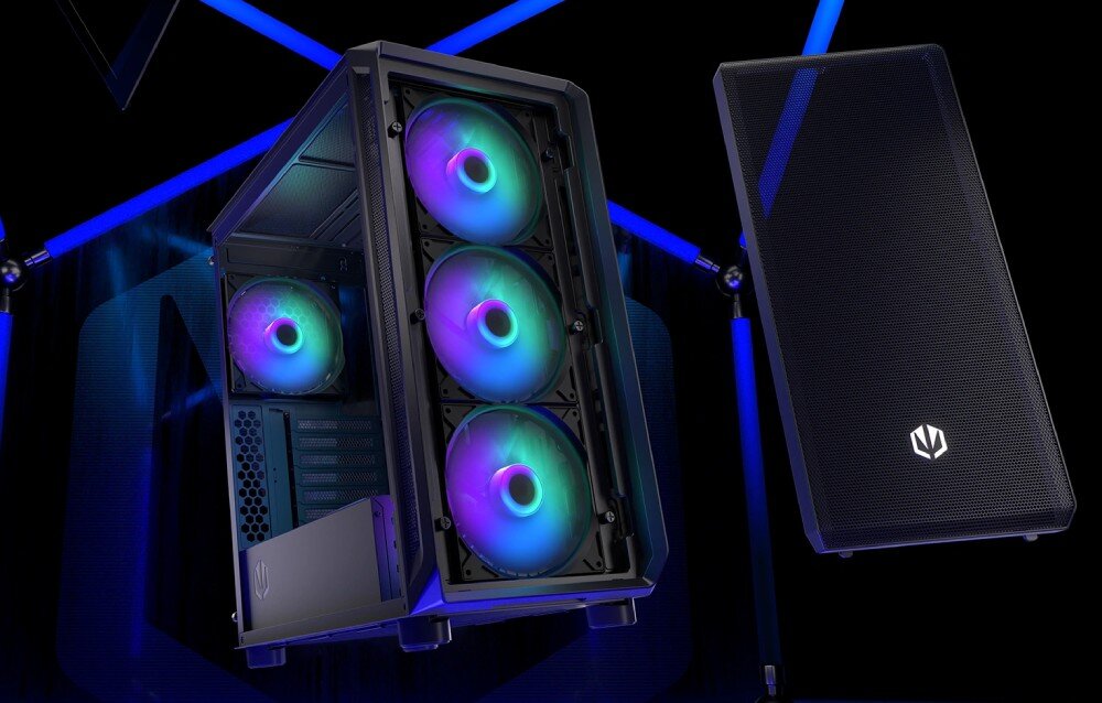 Komputer MAD DOG ENDORFY500ARGB-A24DR32 Obudowa komputera z zamontowanymi wentylatorami RGB. Całość utrzymana w ciemnej kolorystyce na tle z niebieskimi akcentami świetlnymi, przeznaczenie, podzespoły, testy
