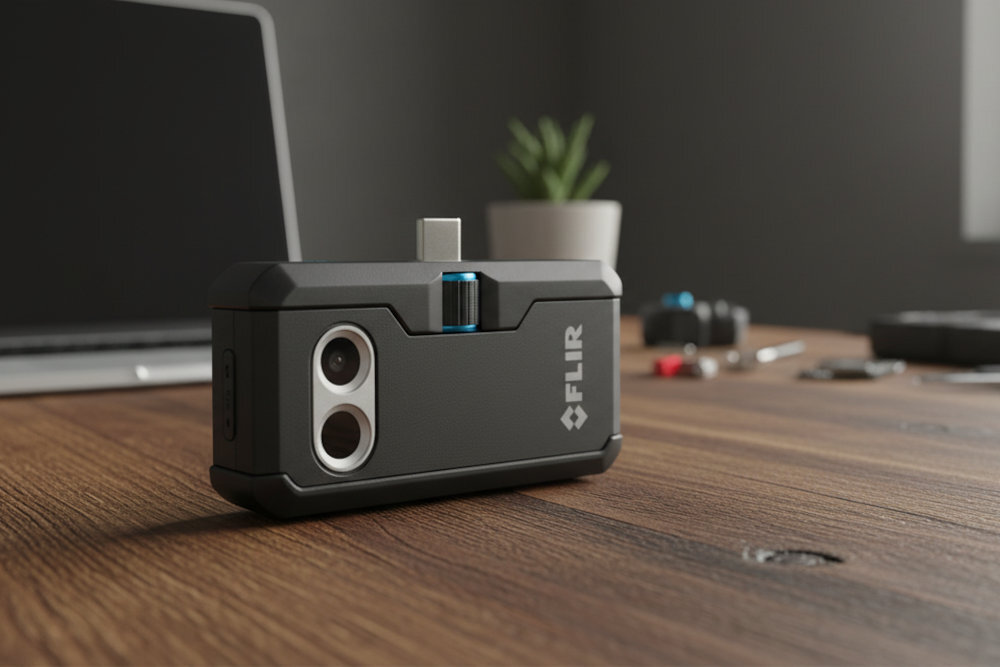 FLIR ONE Pro - kamera na blacie, obok laptop i narzędzia