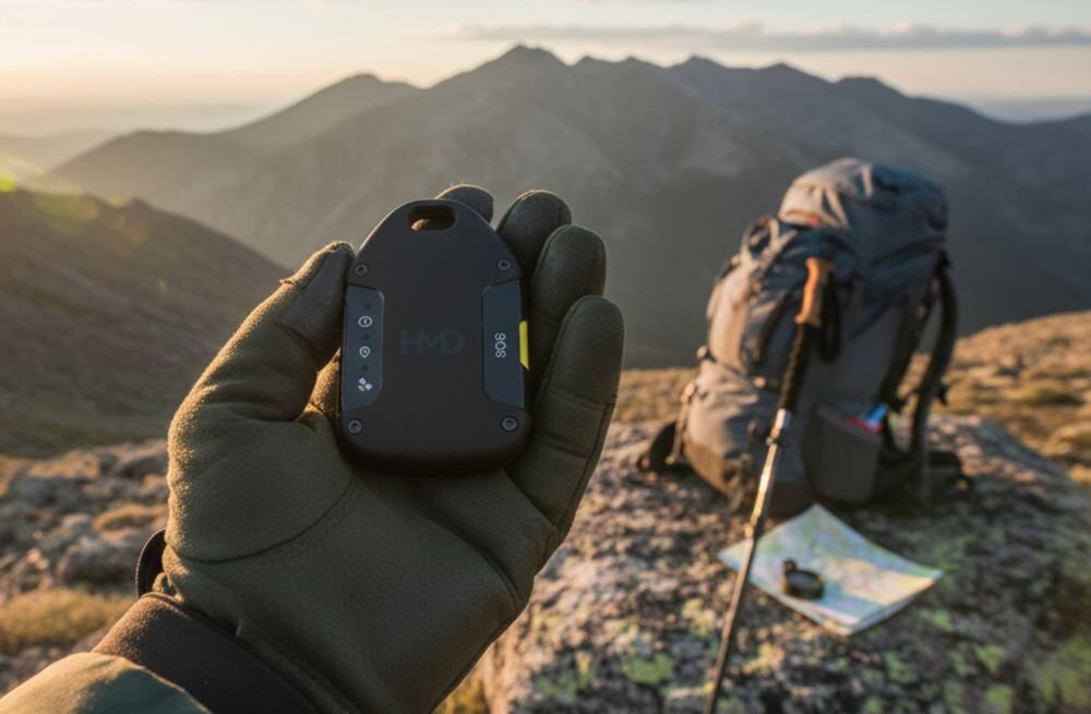Osoba trzyma lokalizator HMD OffGrid przy górskim szlaku podczas wędrówki i komunikacji satelitarnej poza zasięgiem sieci 