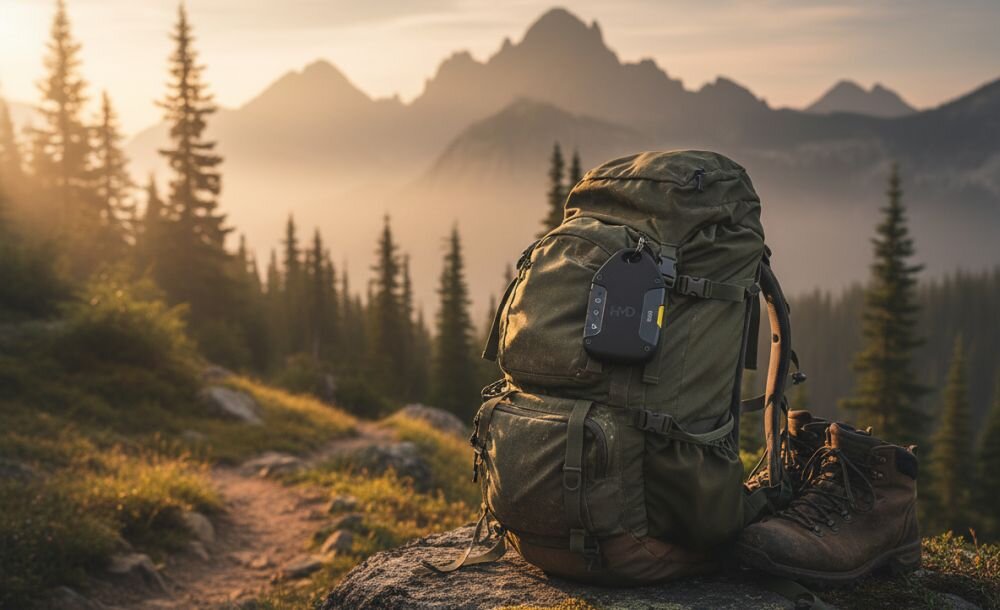 Lokalizator HMD OffGrid przypięty do plecaka trekkingowego znajduje się na górskim szlaku podczas wędrówki w terenie  
